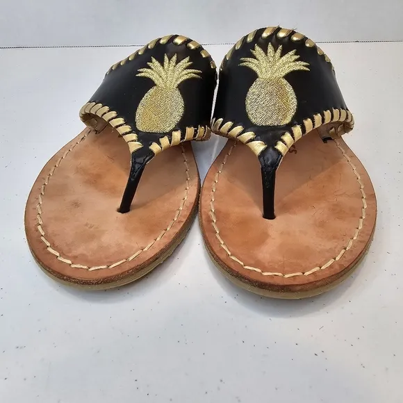 Jack Rogers Pineapple Embroidered Sandals Women's Size  6.5 Black Gold Summer