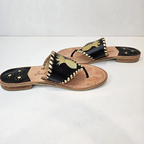 Jack Rogers Pineapple Embroidered Sandals Women's Size  6.5 Black Gold Summer