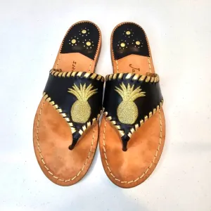 Jack Rogers Pineapple Embroidered Sandals Women's Size  6.5 Black Gold Summer
