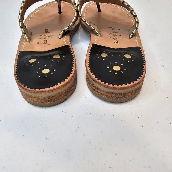 Jack Rogers Pineapple Embroidered Sandals Women's Size  6.5 Black Gold Summer