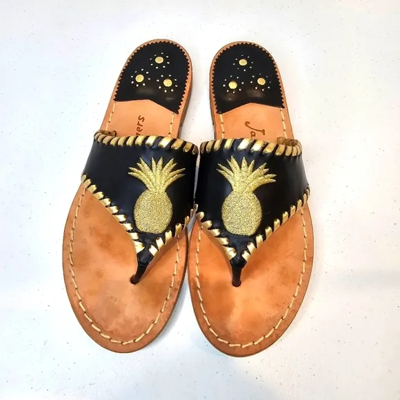 Jack Rogers Pineapple Embroidered Sandals Women's Size  6.5 Black Gold Summer