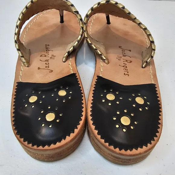 Jack Rogers Pineapple Embroidered Sandals Women's Size  6.5 Black Gold Summer