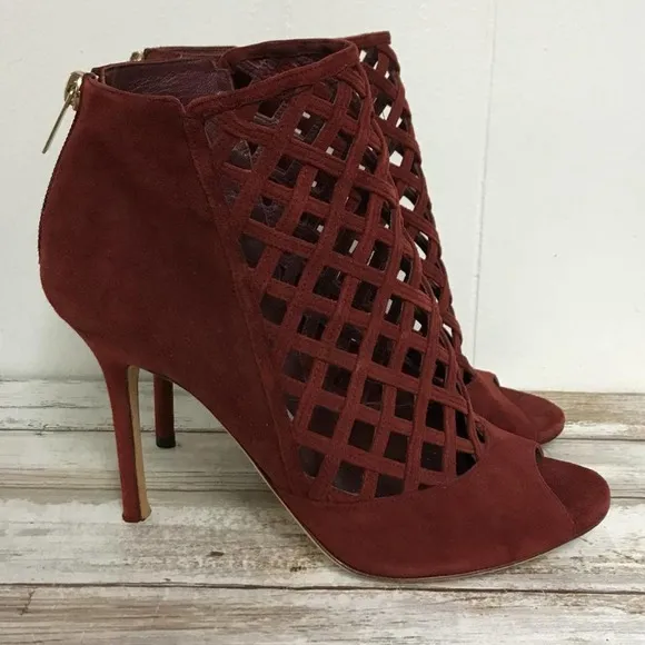 JIMMY CHOO BURGUNDY CAGE SANDALS 38.5