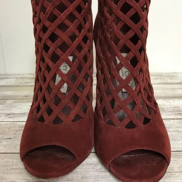 JIMMY CHOO BURGUNDY CAGE SANDALS 38.5