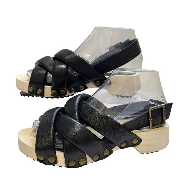 Kelsi Dagger Size 5.5 Brooklyn Grove Tan Wood &amp; Black Leather Sandals 35.5