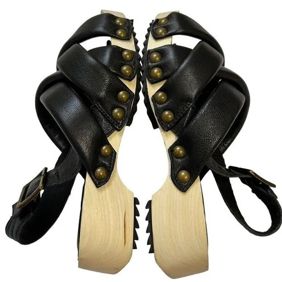 Kelsi Dagger Size 5.5 Brooklyn Grove Tan Wood &amp; Black Leather Sandals 35.5