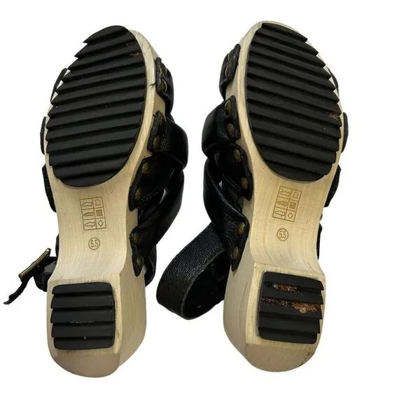 Kelsi Dagger Size 5.5 Brooklyn Grove Tan Wood &amp; Black Leather Sandals 35.5