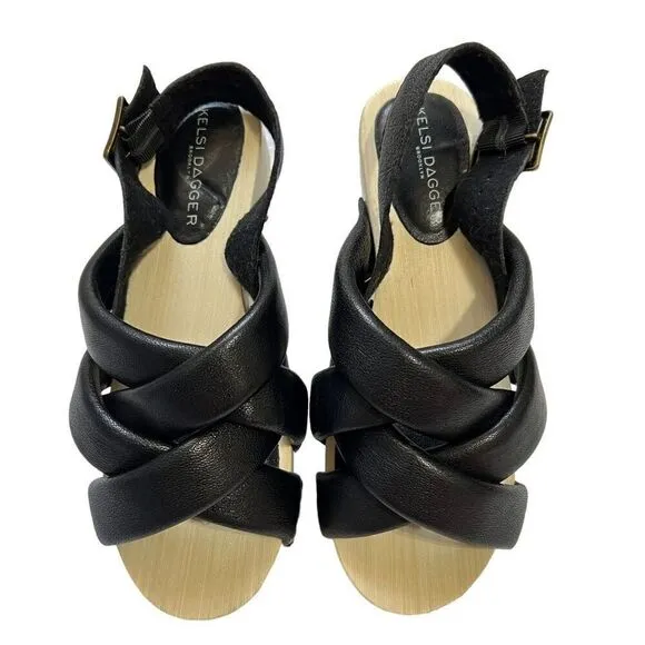 Kelsi Dagger Size 5.5 Brooklyn Grove Tan Wood &amp; Black Leather Sandals 35.5