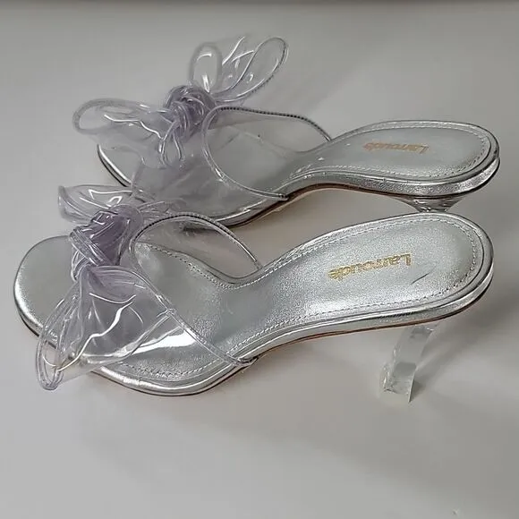 LARROUDE Mariah Mule bow sandals Clear Silver