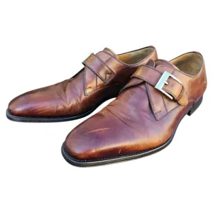 Magnani 10 Marco Leather Loafer Brown Almond Toe Monk Strap Brass Buckle
