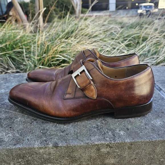 Magnani 10 Marco Leather Loafer Brown Almond Toe Monk Strap Brass Buckle