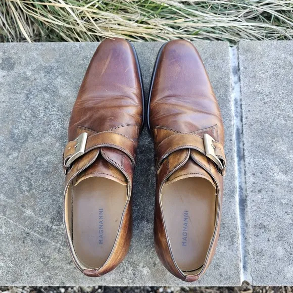 Magnani 10 Marco Leather Loafer Brown Almond Toe Monk Strap Brass Buckle