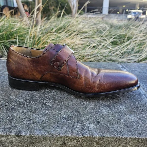 Magnani 10 Marco Leather Loafer Brown Almond Toe Monk Strap Brass Buckle