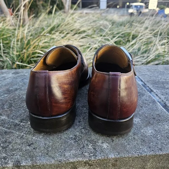Magnani 10 Marco Leather Loafer Brown Almond Toe Monk Strap Brass Buckle