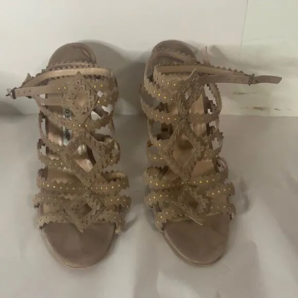 MANOLO BLAHNIK TAN‎ CAGE SUEDE SANDALS SIZE 39