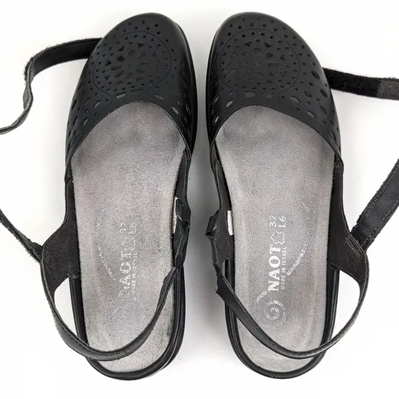 Naot Arataki Mary Jane Sandal Perforated Leather Round Toe Black EU 37 US 6-6.5