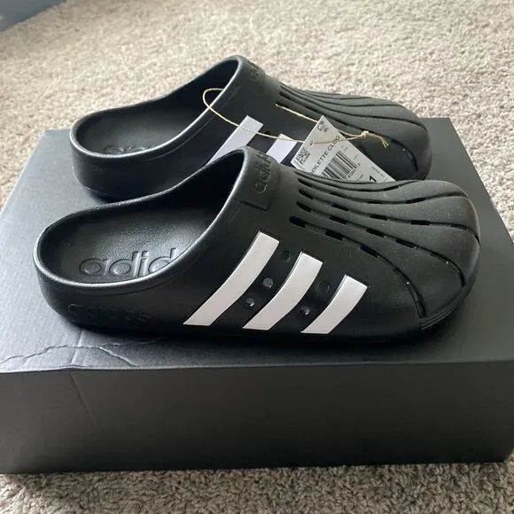 NEW ADIDAS MENS ADILETTE CLOGS SLIP ON SLIDES SIZE US 10 GZ5886 BLACK WHITE New