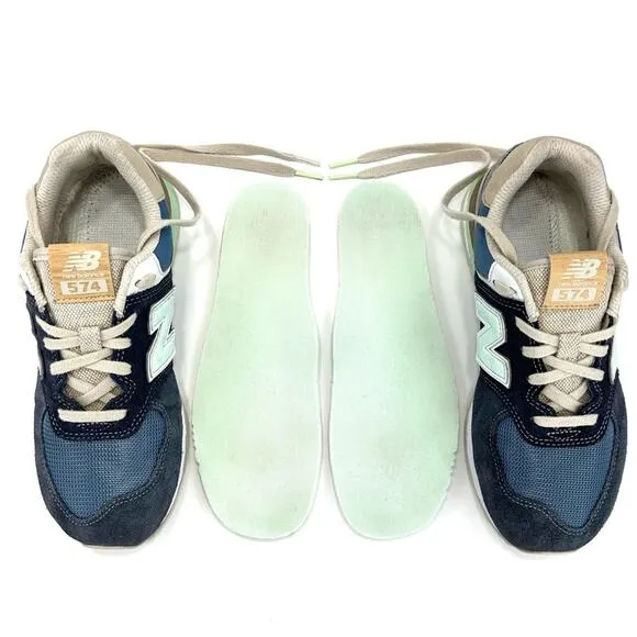 NEW BALANCE 574 NAVY BLUE MINT TAN &amp; WHITE SUEDE LEATHER ATHLEISURE SNEAKERS
