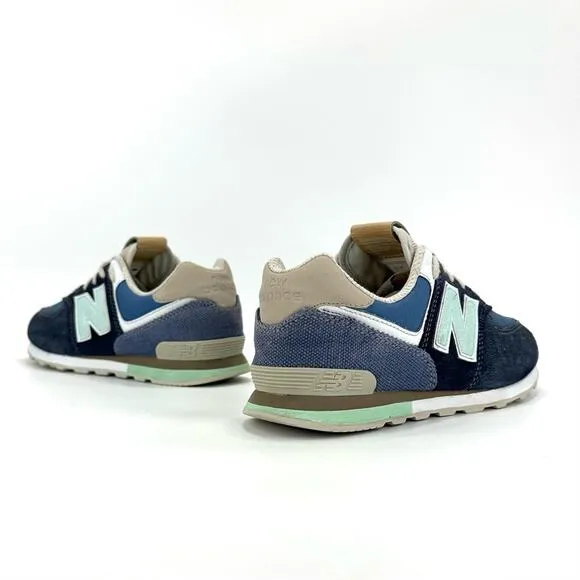 NEW BALANCE 574 NAVY BLUE MINT TAN &amp; WHITE SUEDE LEATHER ATHLEISURE SNEAKERS