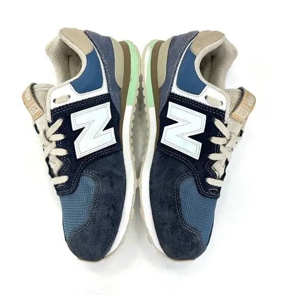 NEW BALANCE 574 NAVY BLUE MINT TAN &amp; WHITE SUEDE LEATHER ATHLEISURE SNEAKERS