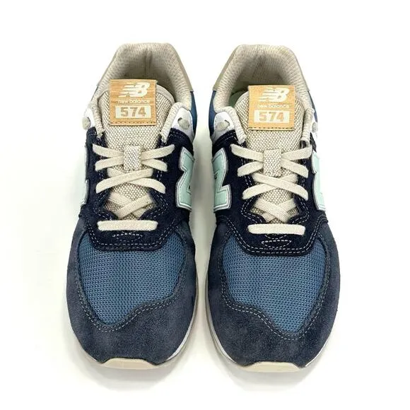 NEW BALANCE 574 NAVY BLUE MINT TAN &amp; WHITE SUEDE LEATHER ATHLEISURE SNEAKERS