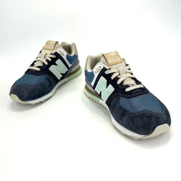 NEW BALANCE 574 NAVY BLUE MINT TAN &amp; WHITE SUEDE LEATHER ATHLEISURE SNEAKERS