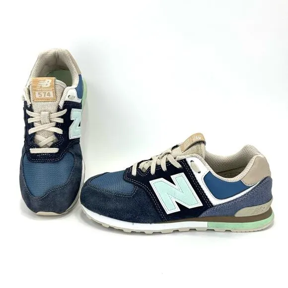 NEW BALANCE 574 NAVY BLUE MINT TAN &amp; WHITE SUEDE LEATHER ATHLEISURE SNEAKERS