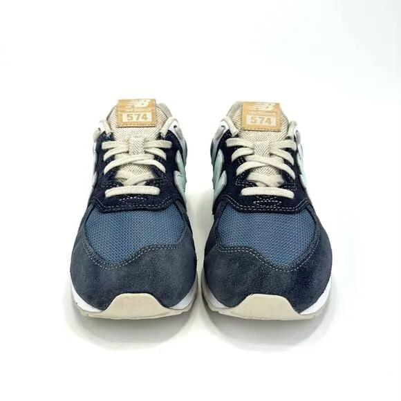 NEW BALANCE 574 NAVY BLUE MINT TAN &amp; WHITE SUEDE LEATHER ATHLEISURE SNEAKERS