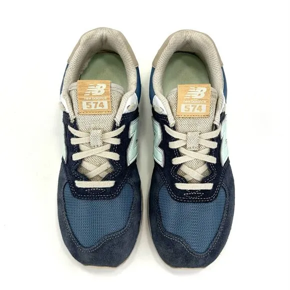NEW BALANCE 574 NAVY BLUE MINT TAN &amp; WHITE SUEDE LEATHER ATHLEISURE SNEAKERS