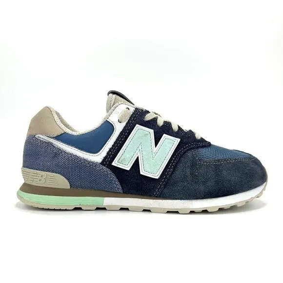 NEW BALANCE 574 NAVY BLUE MINT TAN &amp; WHITE SUEDE LEATHER ATHLEISURE SNEAKERS