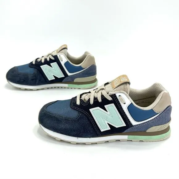 NEW BALANCE 574 NAVY BLUE MINT TAN &amp; WHITE SUEDE LEATHER ATHLEISURE SNEAKERS