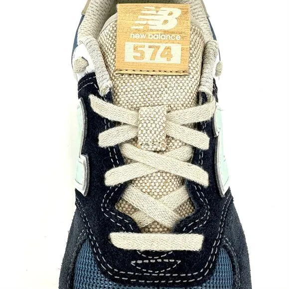 NEW BALANCE 574 NAVY BLUE MINT TAN &amp; WHITE SUEDE LEATHER ATHLEISURE SNEAKERS