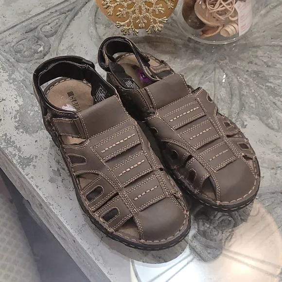NEW Claiborne Men's Dark Brown Leather Round Toe Velcro Sandals 8.5