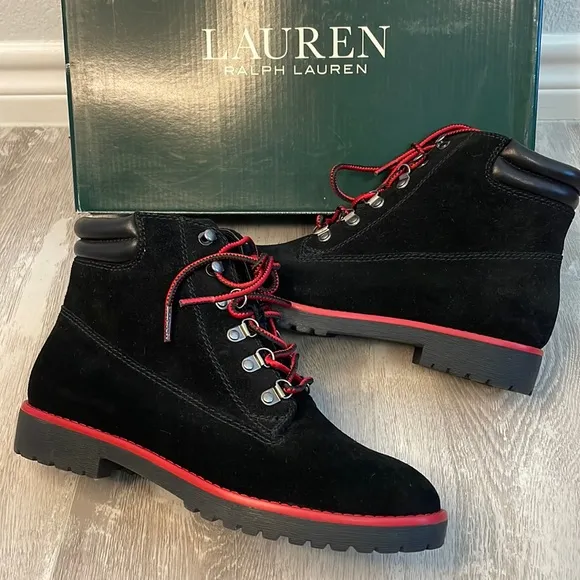 NEW Ralph Lauren Mikelle Black Oil Suede Red Trim Hiking Boots