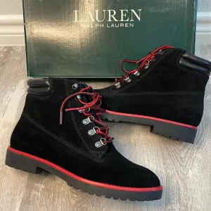 NEW Ralph Lauren Mikelle Black Oil Suede Red Trim Hiking Boots