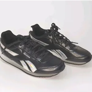 New Reebok Royal Glide Black &amp; Silver Leather Sneakers US 2
