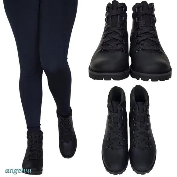 New Timberland Ellendale leather hiker boots black lace up block heel outdoor
