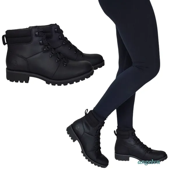 New Timberland Ellendale leather hiker boots black lace up block heel outdoor