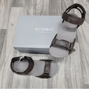 New! Vionic Velcro Adjustable Canoe Leo Men's Brown Leather Strap Sandal