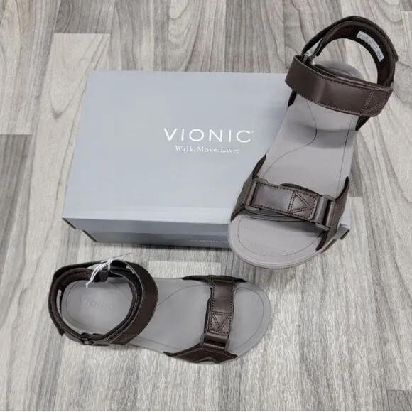 New! Vionic Velcro Adjustable Canoe Leo Men's Brown Leather Strap Sandal