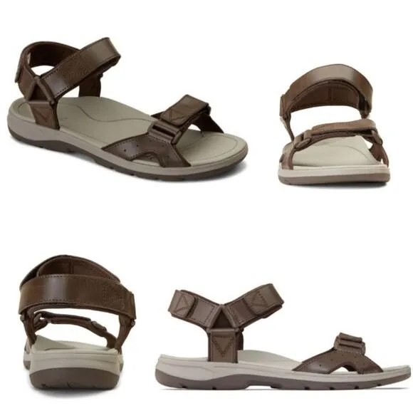 New! Vionic Velcro Adjustable Canoe Leo Men's Brown Leather Strap Sandal