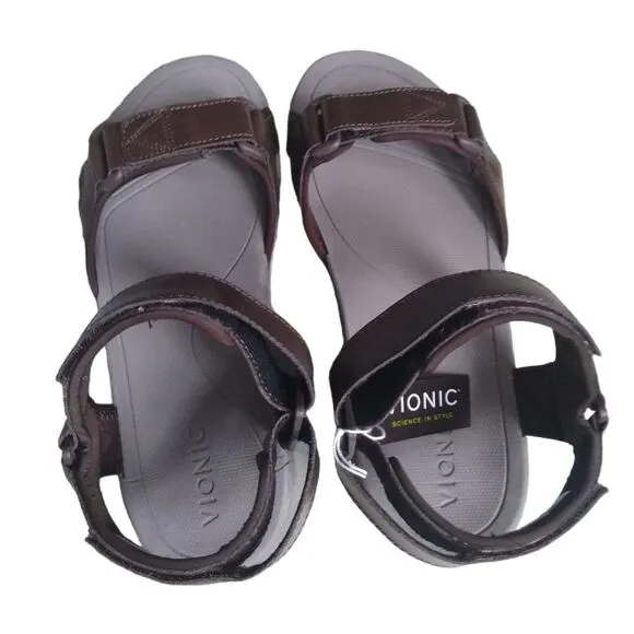New! Vionic Velcro Adjustable Canoe Leo Men's Brown Leather Strap Sandal