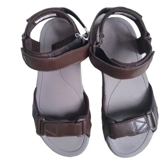 New! Vionic Velcro Adjustable Canoe Leo Men's Brown Leather Strap Sandal