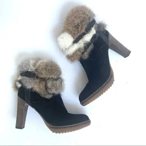 NEW MINELLI BLACK SUEDE HEELED BOOTS WITH FUR