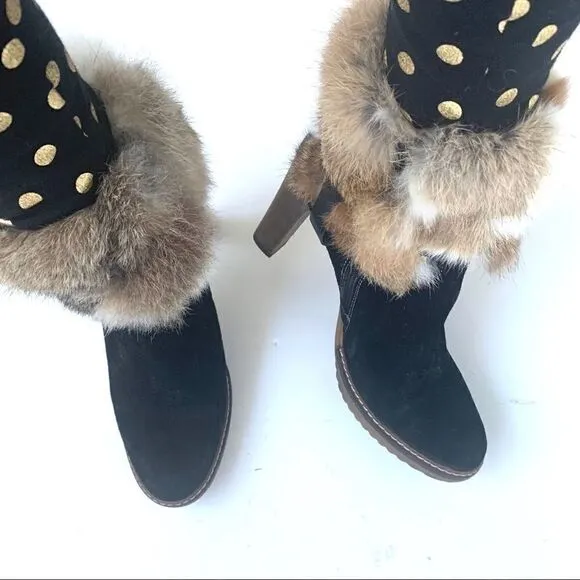 NEW MINELLI BLACK SUEDE HEELED BOOTS WITH FUR