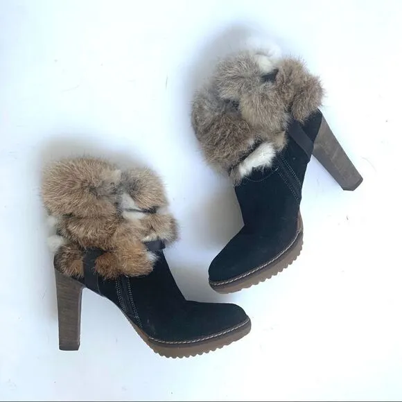 NEW MINELLI BLACK SUEDE HEELED BOOTS WITH FUR