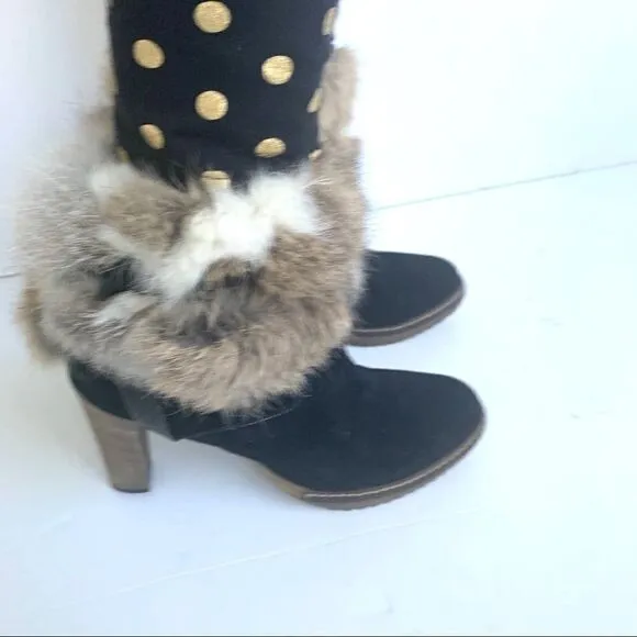 NEW MINELLI BLACK SUEDE HEELED BOOTS WITH FUR