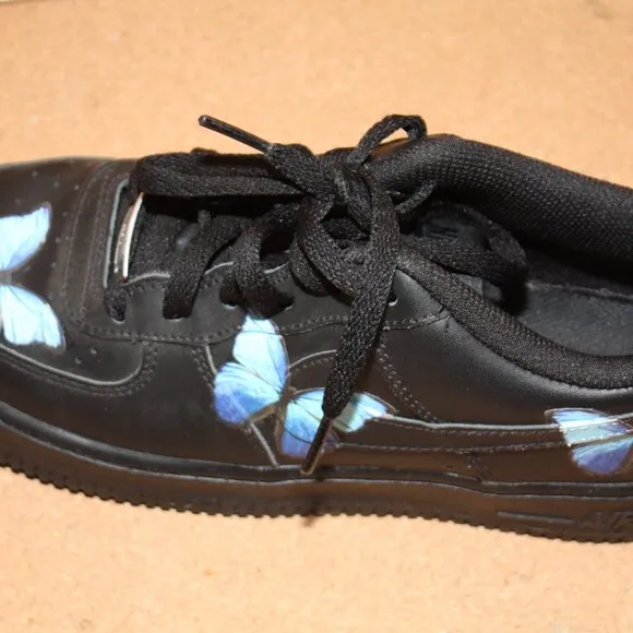Nike Air Force 1 Black Sneakers Kids Size 7Y 314192-009 Butterflies