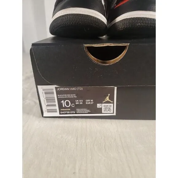 Nike Jordan‎ Black Red 1 Mid Youth Size 10C Kid Shoes Sneakers 640735-079 MJ