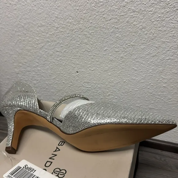 NINA BRYSTOL SILVER GLITTER MESH WITH CRYSTAL BAND MID-HEEL D'ORSAY PUMPS